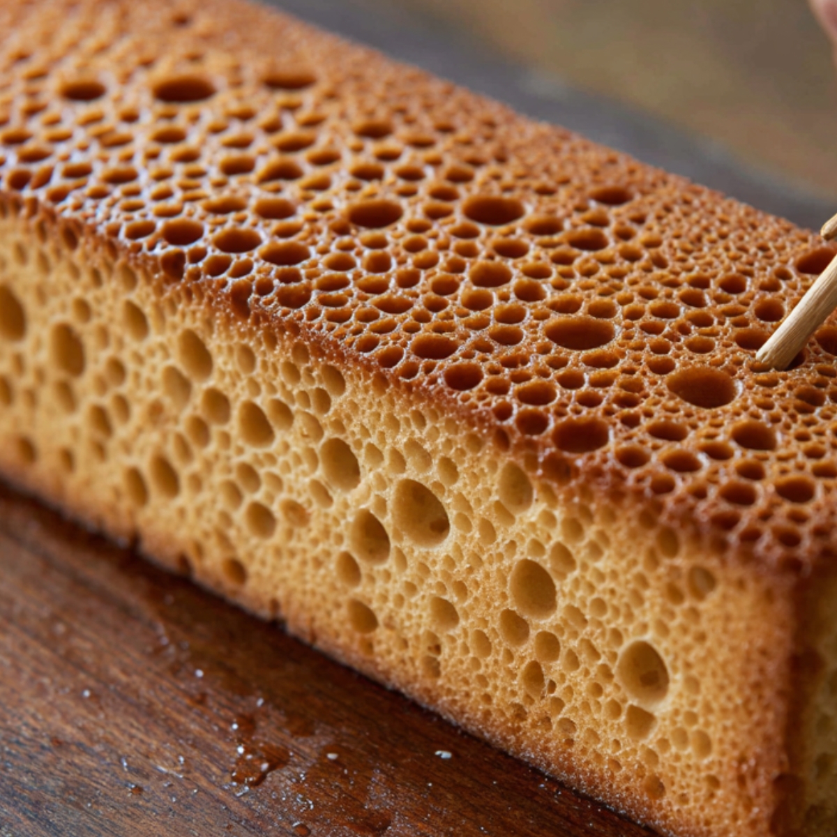 A close-up of a sponge cake with visible air bubbles being checked with a toothpick.