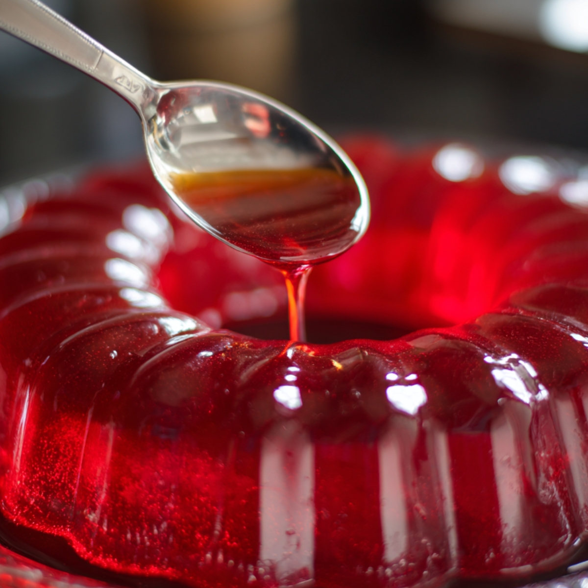 A spoon pouring syrup onto a red gelatin cake in a bundt shape.