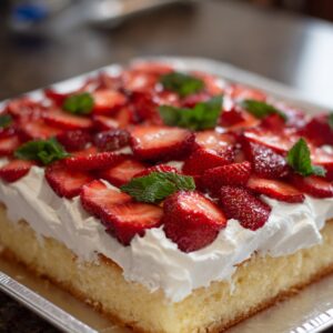 A fresh strawberry poke cake with whipped cream and topped with sliced strawberries and mint leaves.