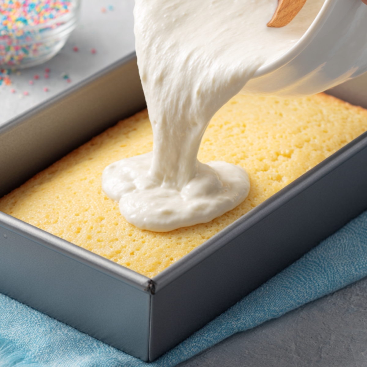 Pouring frosting onto a sponge cake that has already been baked, with sprinkles nearby.