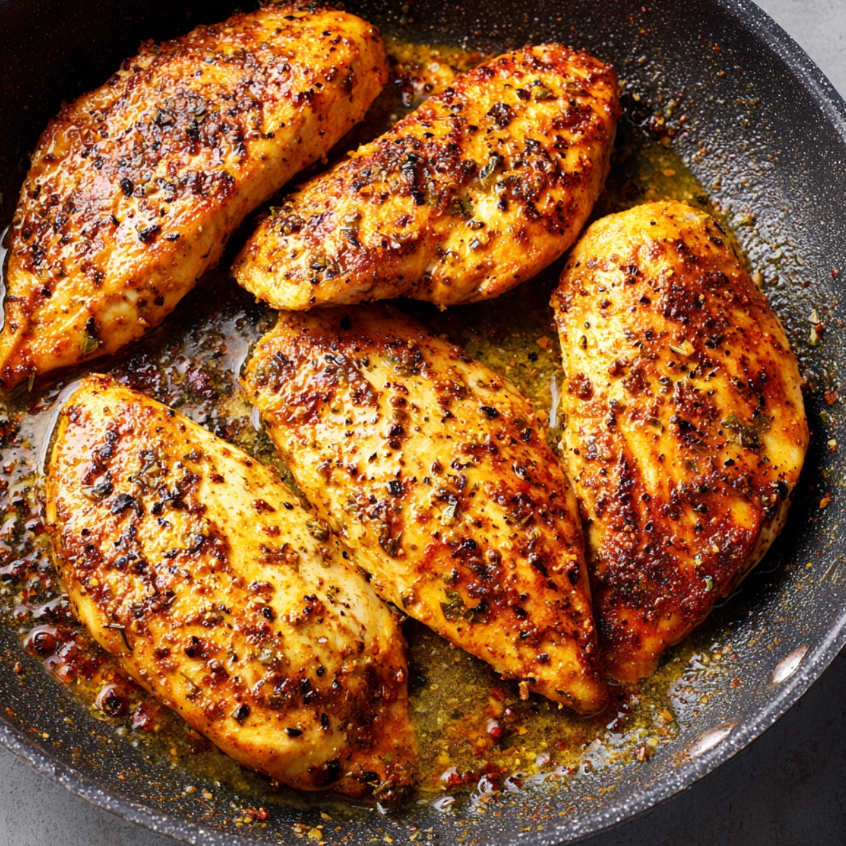 Juicy, golden-brown chicken breasts seared in a pan with a flavorful spice coating and cooking juices.