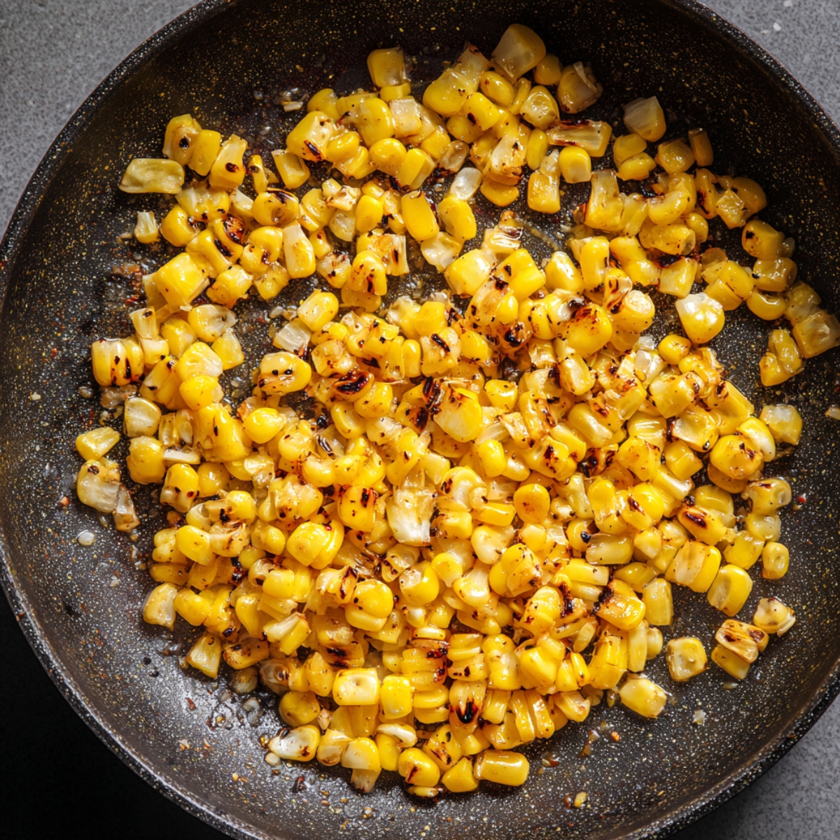 Charred corn kernels sizzling in a skillet, seasoned with spices and specks of pepper.