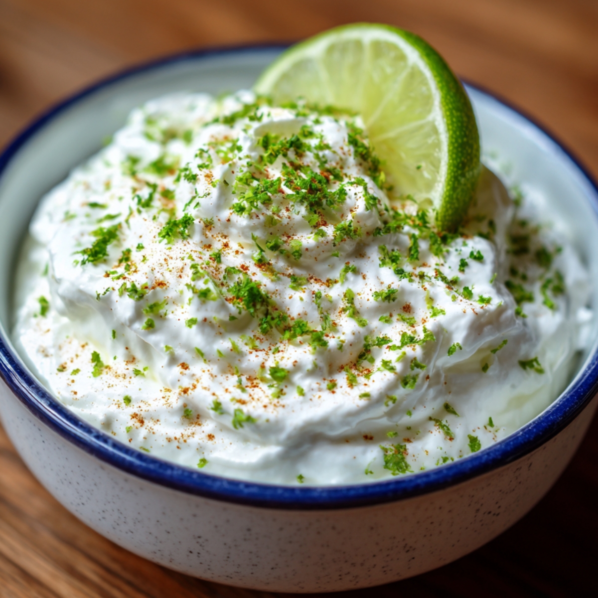 A bowl of creamy sauce garnished with lime zest, a lime slice, and a sprinkle of spice on top.