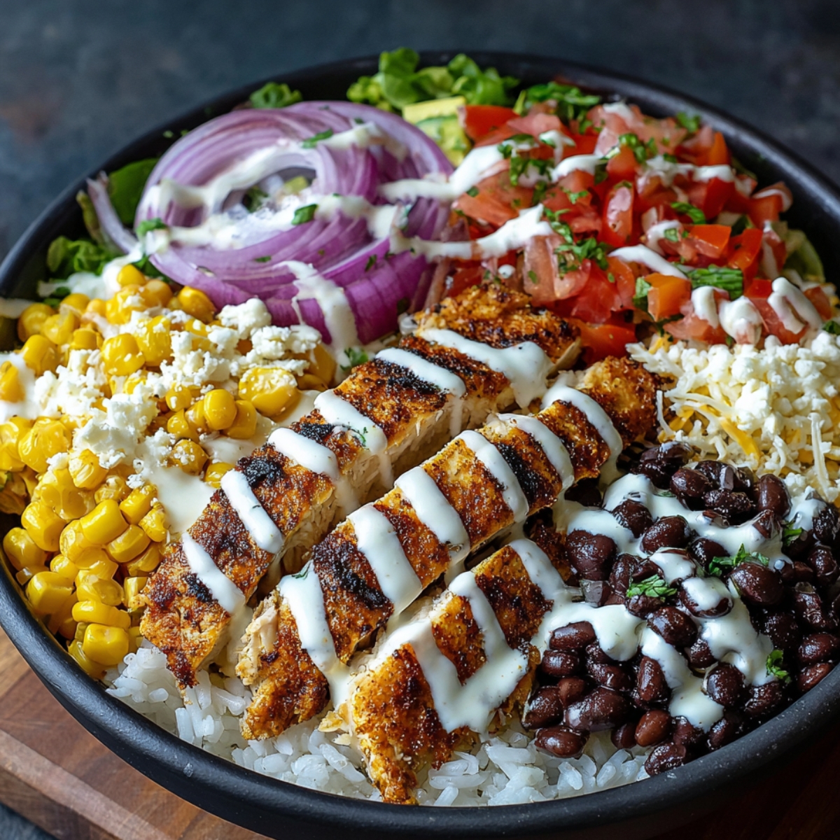A colorful chicken burrito bowl with grilled chicken slices, black beans, corn, shredded cheese, diced tomatoes, red onions, lettuce, and white rice, all drizzled with creamy dressing.