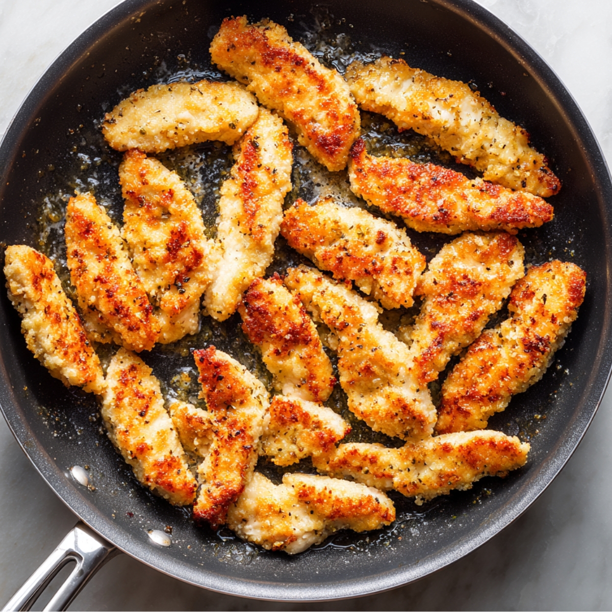 A frying pan filled with crispy golden chicken tenders coated in light breading, cooking in oil.