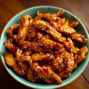 A bowl of golden-brown glazed chicken strips coated in sticky sweet chili sauce and sprinkled with sesame seeds.