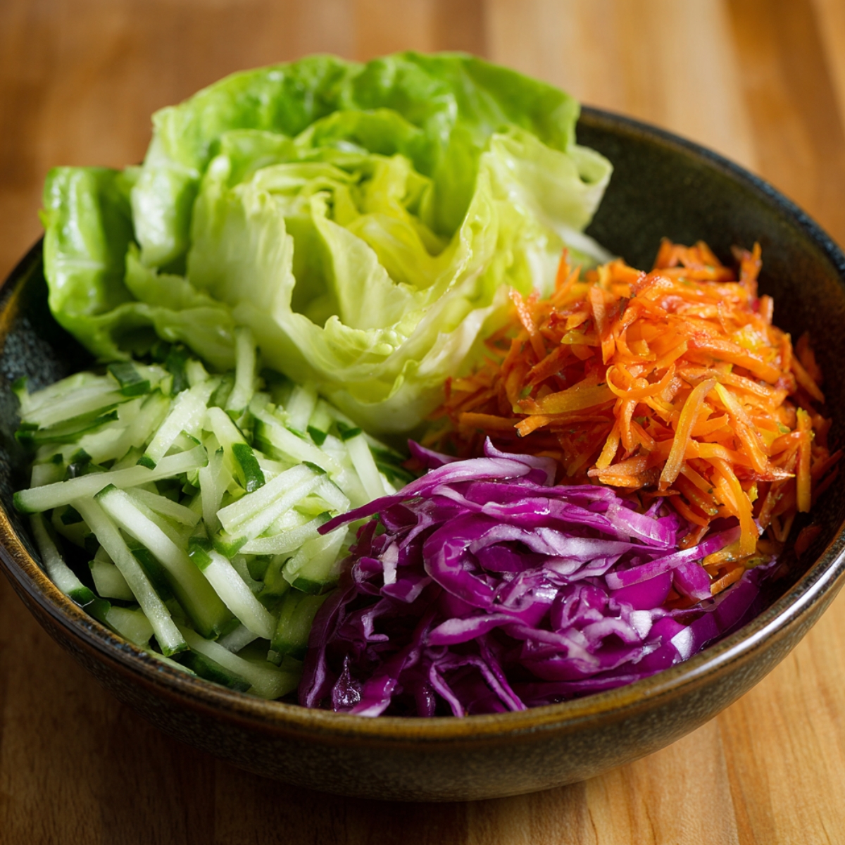 A bowl containing fresh salad ingredients: lettuce leaves, shredded carrots, julienned cucumber, and shredded purple cabbage on a wooden table.