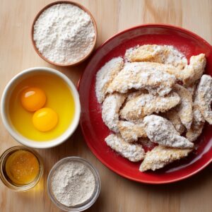Ingredients for breaded chicken arranged neatly: flour, eggs, breaded chicken pieces, and small bowls of seasonings on a wooden surface.