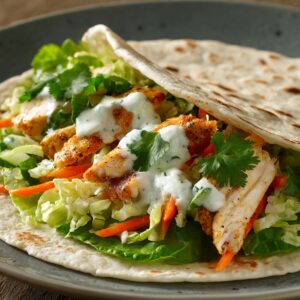 A tortilla wrap filled with grilled chicken strips, shredded lettuce, carrots, and cilantro, topped with creamy sauce and partially folded on a gray plate.