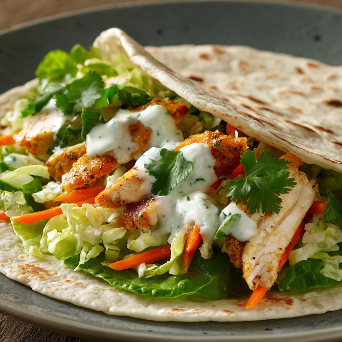A tortilla wrap filled with grilled chicken strips, shredded lettuce, carrots, and cilantro, topped with creamy sauce and partially folded on a gray plate.