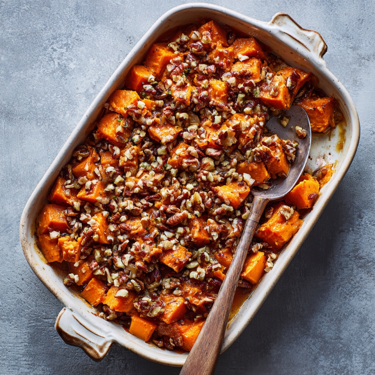 Roasted chunks of sweet potatoes in a casserole dish topped with a brown sugar and pecan crumble, served with a wooden spoon.