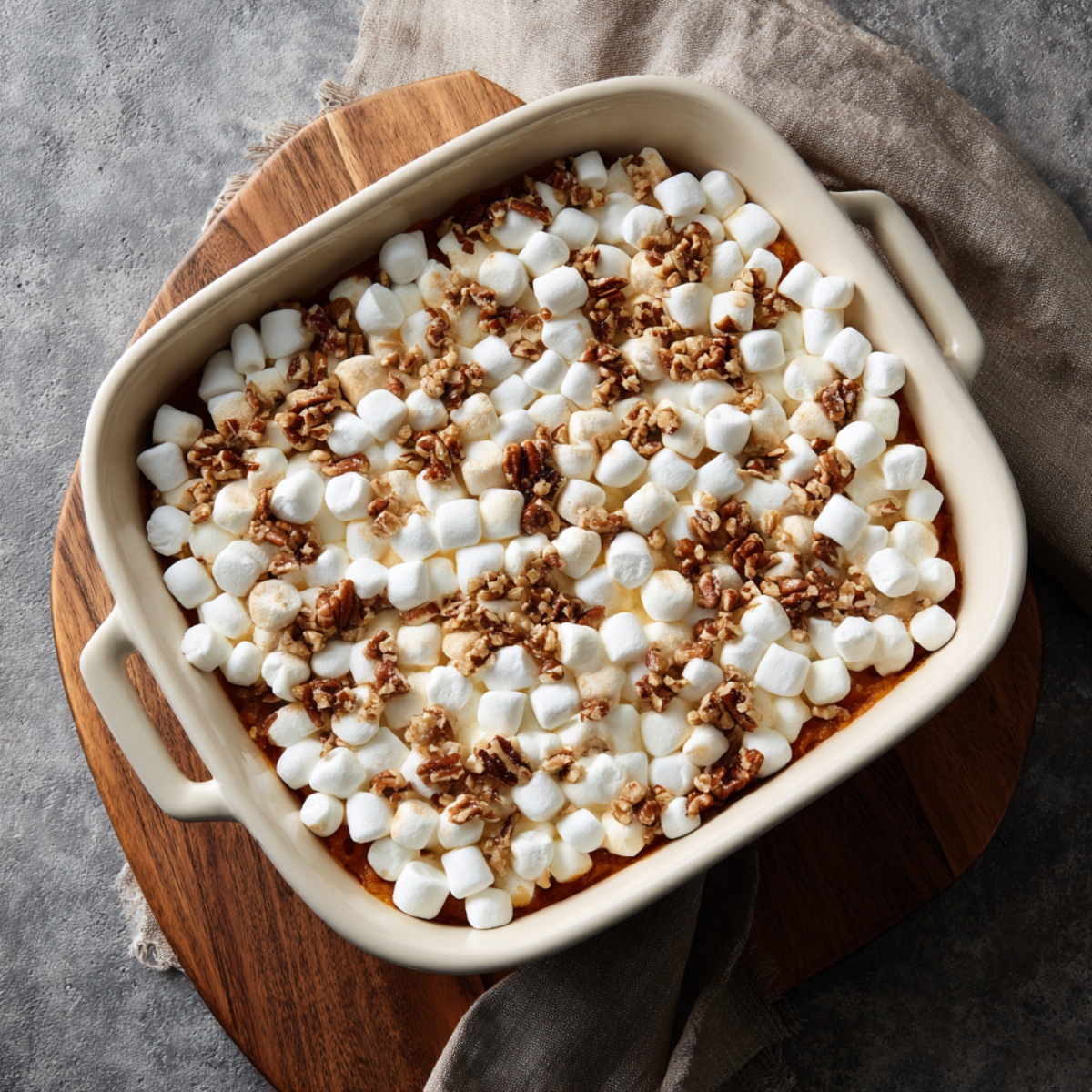 Baked sweet potato casserole topped with toasted mini marshmallows and chopped pecans in a cream-colored baking dish.