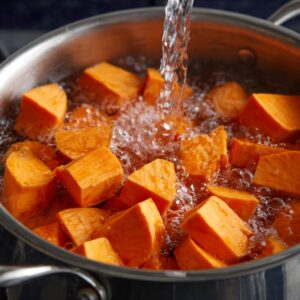 Pot of cubed sweet potatoes boiling in water, ready to be softened for mashing.