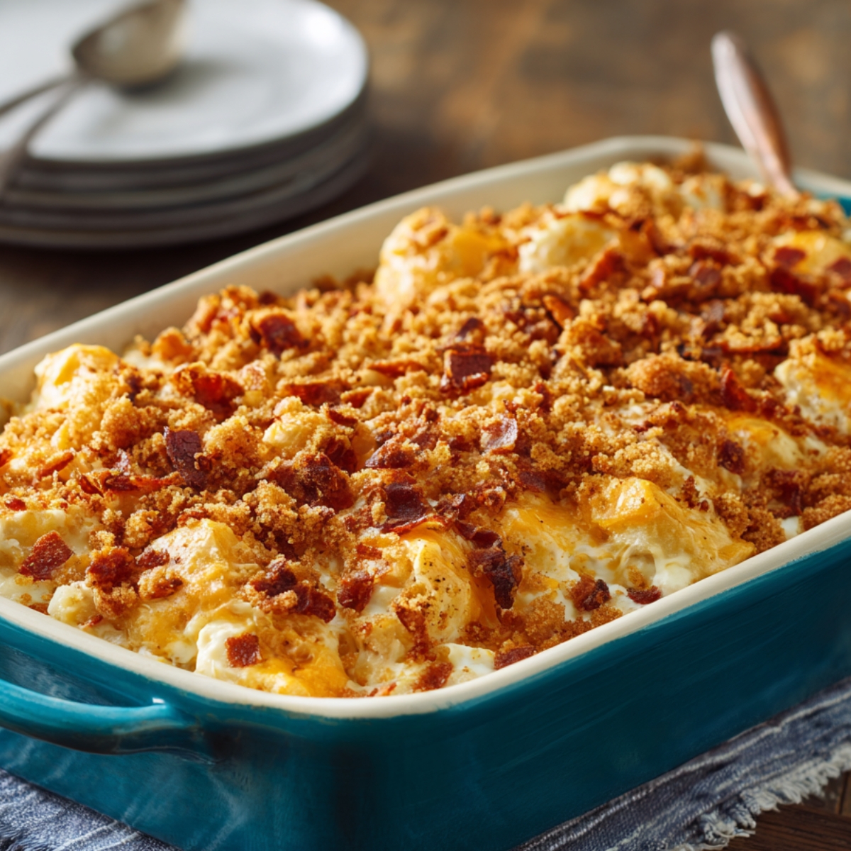 A freshly baked sweet potato casserole in a teal ceramic baking dish. The casserole is topped with a golden-brown, crispy crumble made of brown sugar and bacon bits.