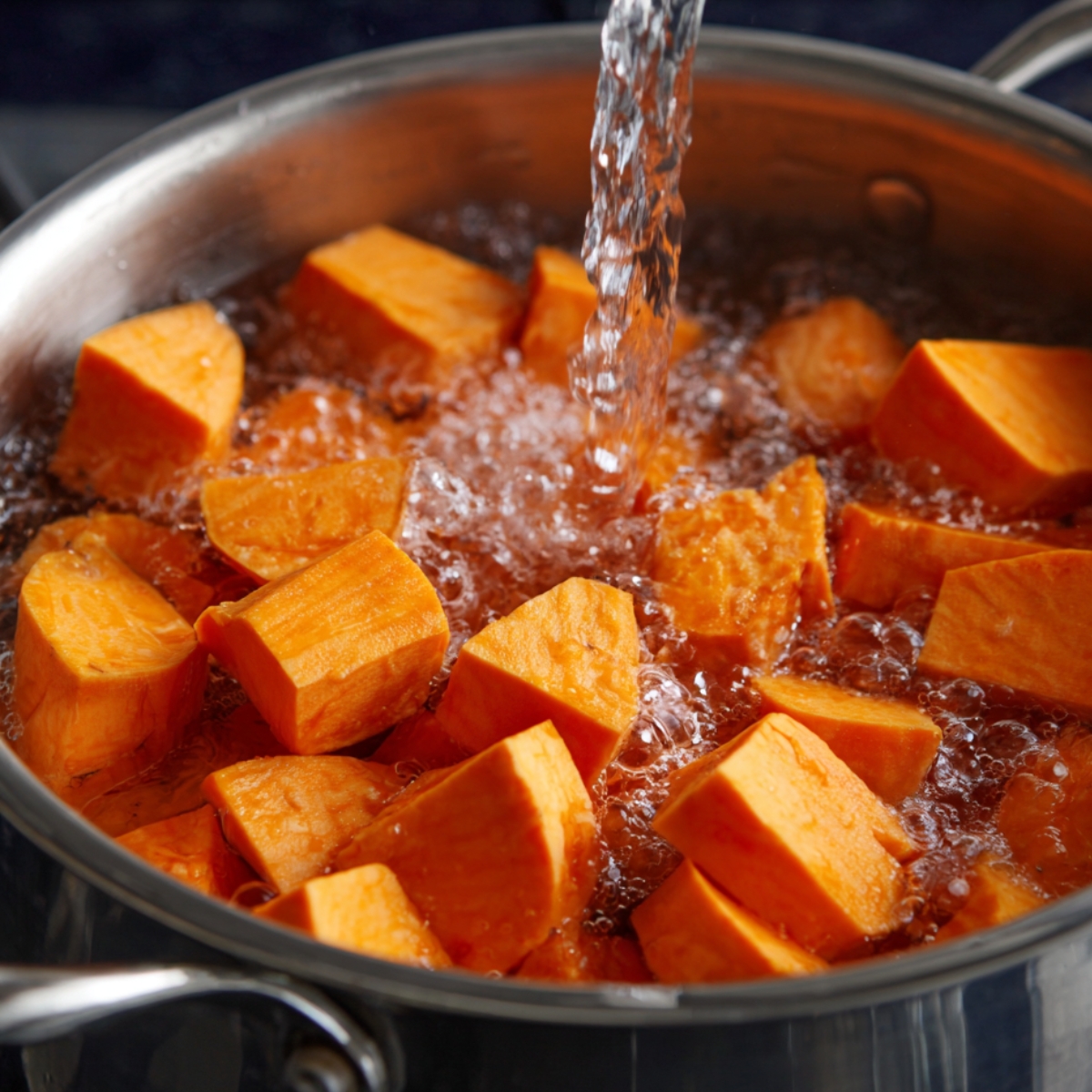 Pot of cubed sweet potatoes boiling in water, ready to be softened for mashing.