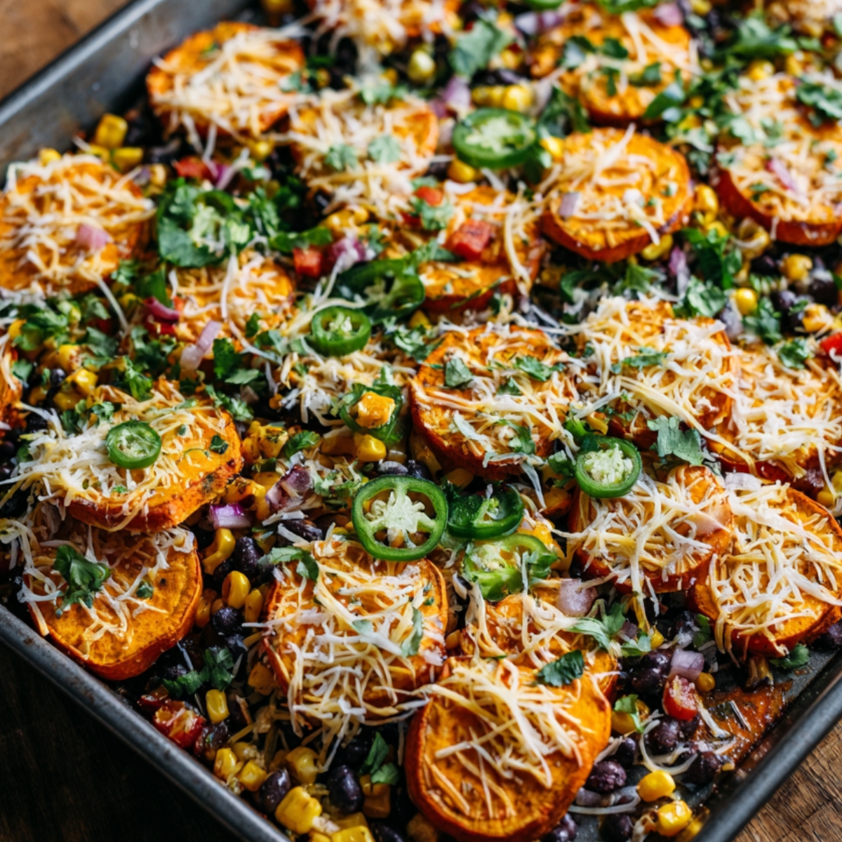 “Sheet pan of sweet potato nachos topped with melted cheese, sliced jalapeños, black beans, corn, red onion, and fresh cilantro.”