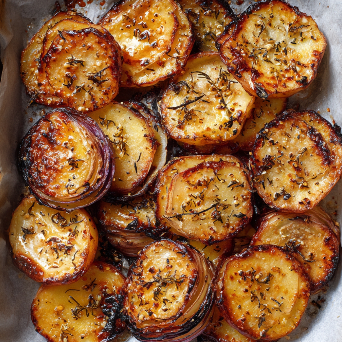 “Crispy roasted potato rounds seasoned with herbs and garlic, baked until golden brown and caramelized.”