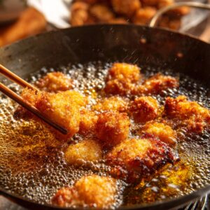 Golden-brown battered meat pieces being deep-fried in hot oil, with chopsticks lifting one crispy piece from the bubbling pan.