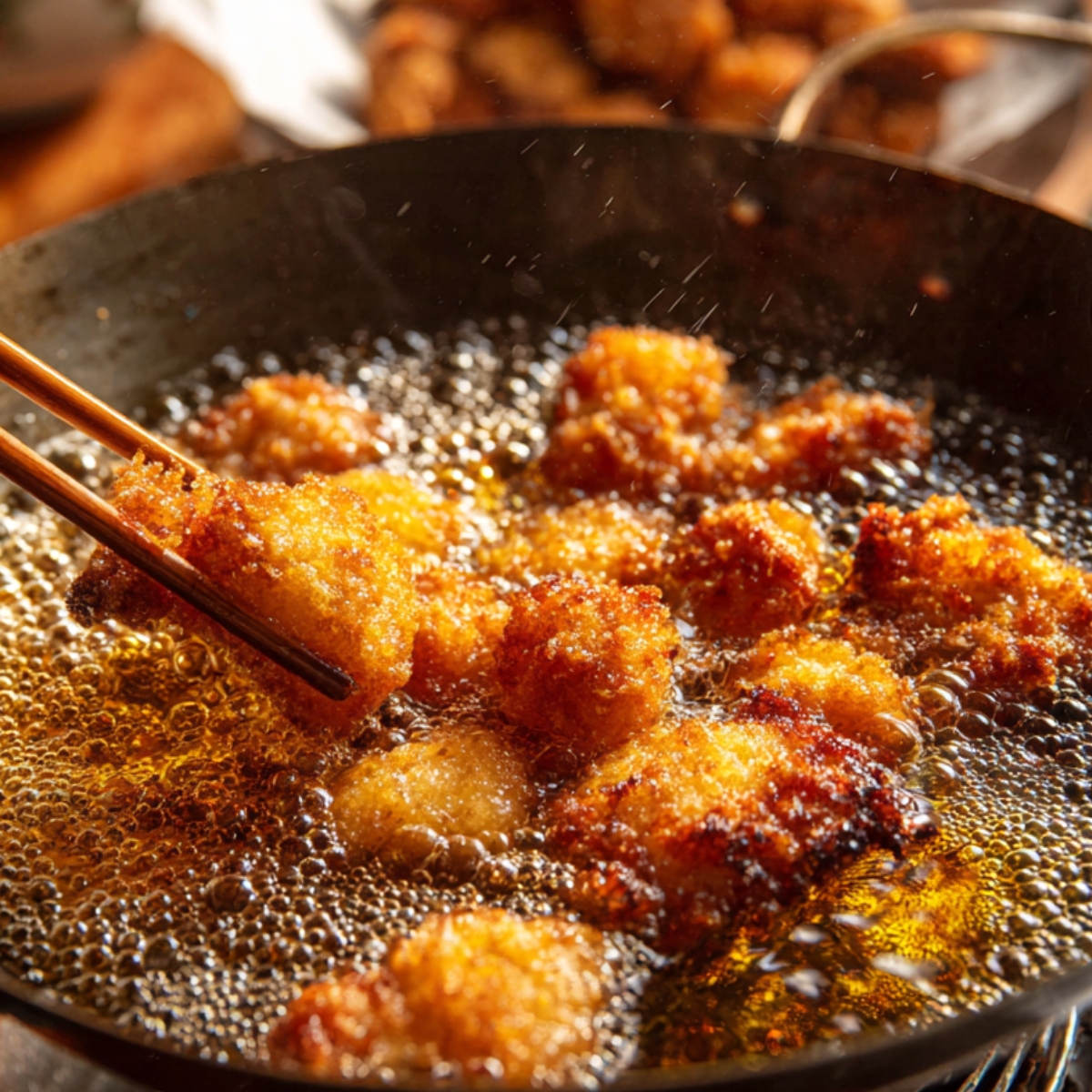 Golden-brown battered meat pieces being deep-fried in hot oil, with chopsticks lifting one crispy piece from the bubbling pan.
