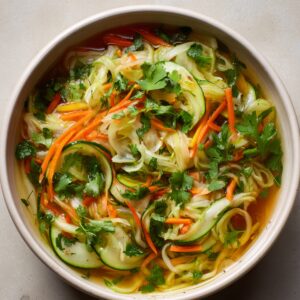 A bowl of fresh Thai-style vegetable salad featuring spiralized zucchini, shredded carrots, and onions tossed in a light, flavorful broth, garnished with cilantro.