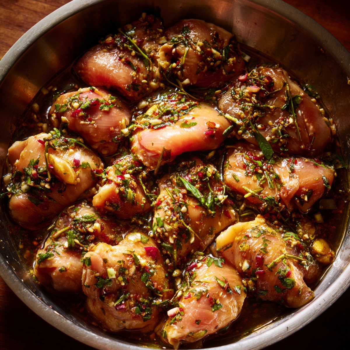 Raw chicken pieces marinating in a metal bowl with a mixture of herbs, chopped garlic, chili, and soy-based sauce, prepared for Thai-style fried chicken.