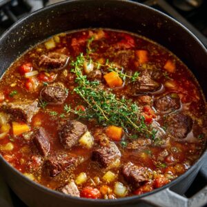 Hearty beef stew simmering in a pot with chunks of beef, carrots, potatoes, tomatoes, and sprigs of fresh thyme.