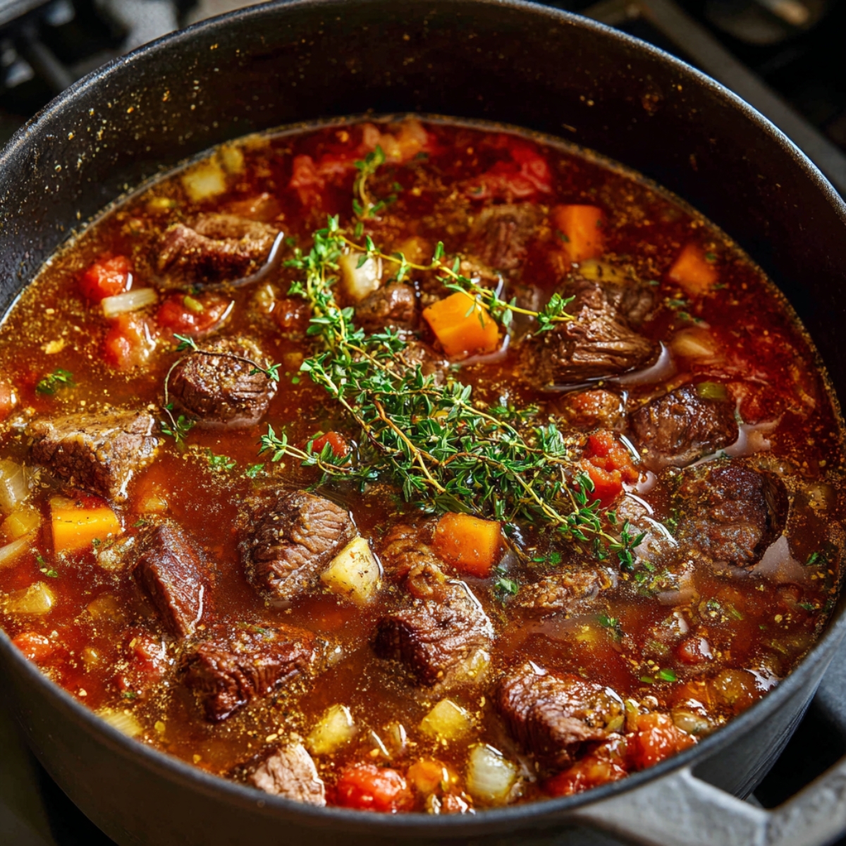 Hearty beef stew simmering in a pot with chunks of beef, carrots, potatoes, tomatoes, and sprigs of fresh thyme.