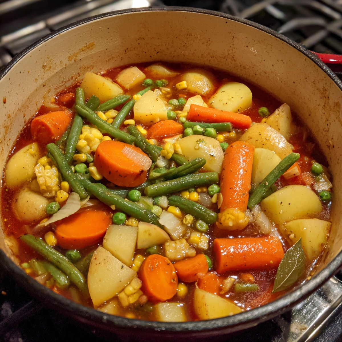 Pot filled with colorful vegetable soup including carrots, green beans, potatoes, peas, and corn simmering in a rich broth.
