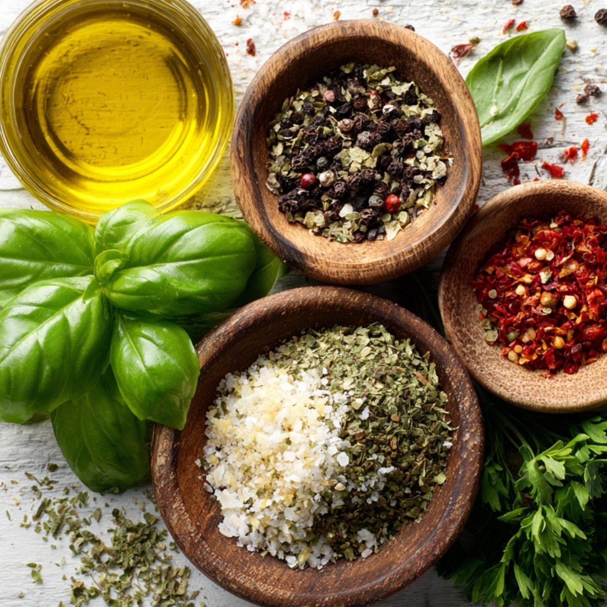 Fresh basil leaves, bowls of mixed dried herbs, crushed red pepper flakes, sea salt, and olive oil on a wooden surface.