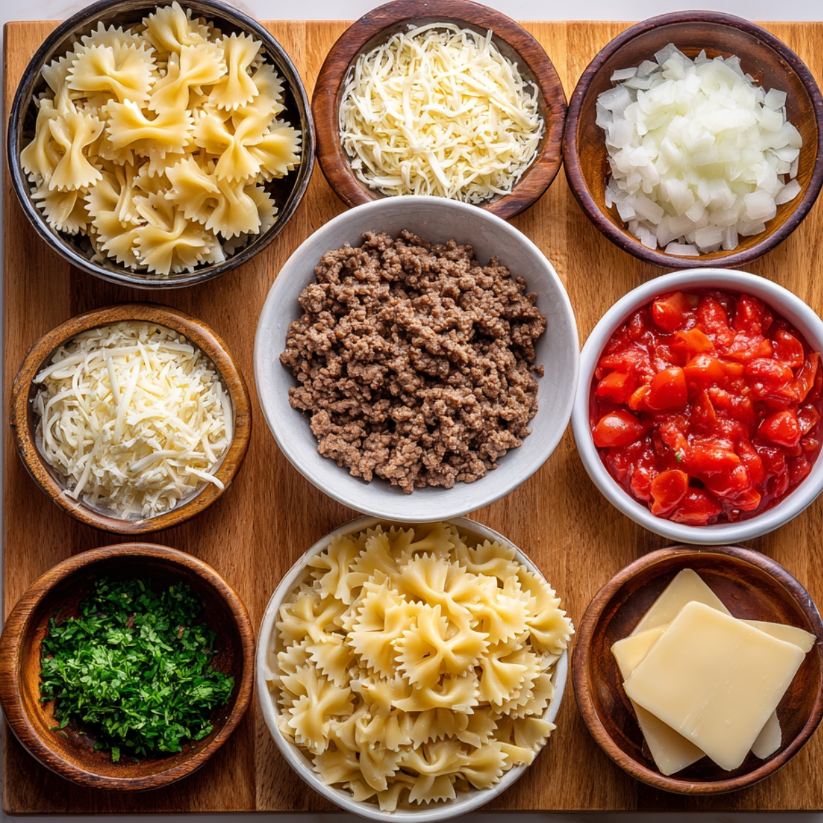 Ingredients for beef and bowtie pasta arranged in bowls: cooked beef, uncooked farfalle pasta, chopped onions, shredded cheese, diced tomatoes, and fresh herbs.