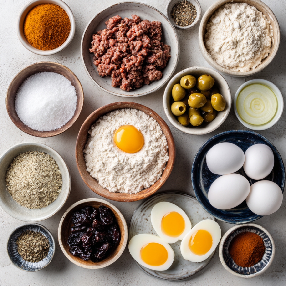 An assortment of ingredients for beef empanadas, including flour, ground beef, eggs, olives, and various spices.