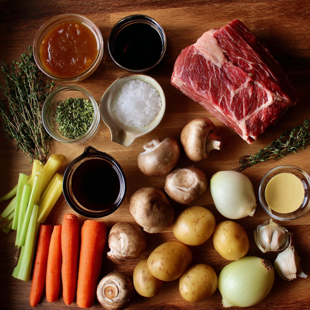 “Flat lay of beef stew ingredients on a wooden surface including beef chuck, carrots, potatoes, onions, celery, mushrooms, garlic, herbs, salt, broth, and seasonings.”
