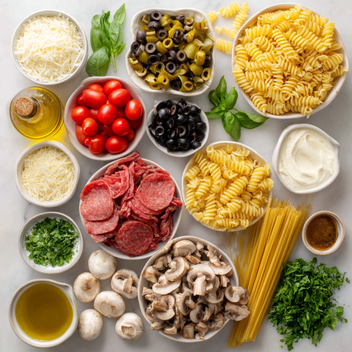 An assortment of ingredients for making beef stroganoff and pasta dishes — raw beef, mushrooms, pasta varieties, olives, cheese, herbs, olive oil, and tomatoes arranged neatly in bowls.An assortment of ingredients for making beef stroganoff and pasta dishes — raw beef, mushrooms, pasta varieties, olives, cheese, herbs, olive oil, and tomatoes arranged neatly in bowls.