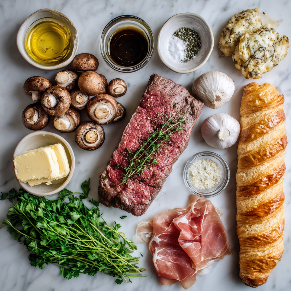 A top-down view of all the ingredients for making Beef Wellington, including beef, mushrooms, herbs, puff pastry, and prosciutto, on a white marble surface.