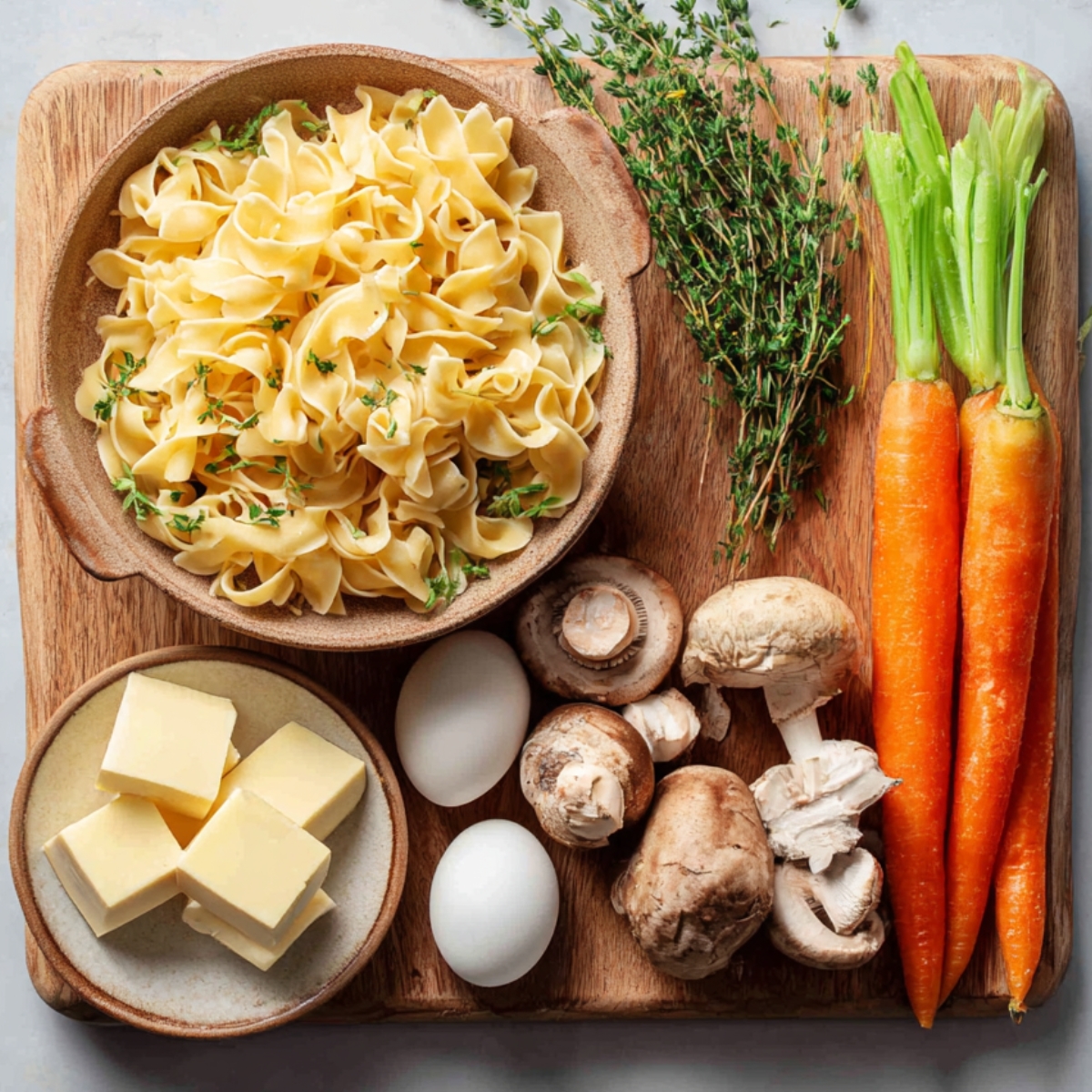 “Ingredients for beef and noodles including egg noodles, carrots, butter, mushrooms, eggs, and fresh thyme displayed on a wooden board.”