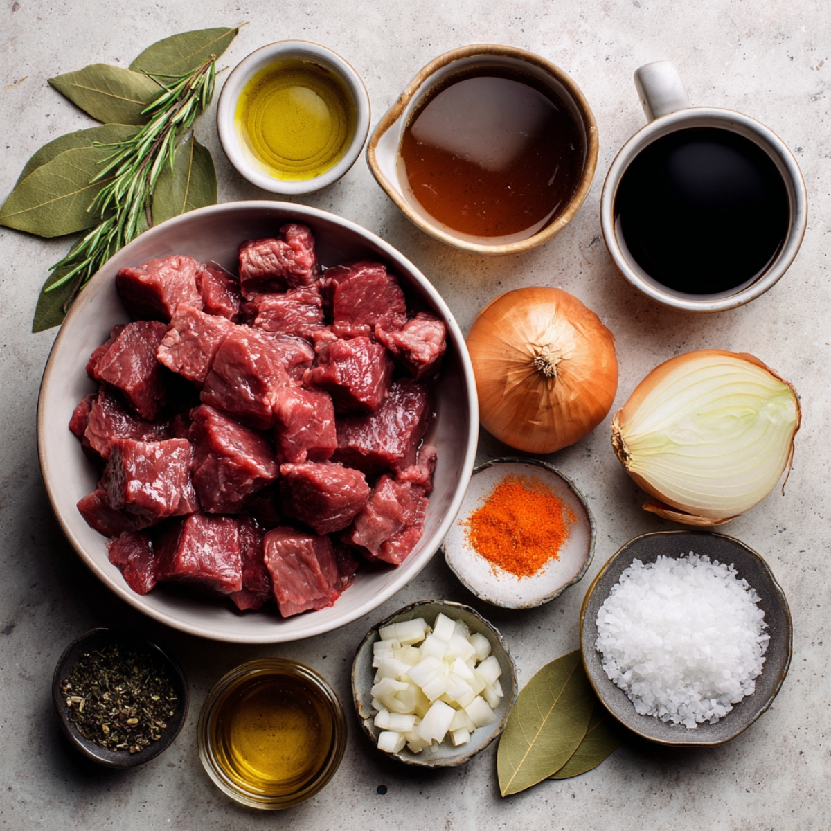“Raw beef cubes, onions, bay leaves, seasonings, broth, olive oil, and herbs arranged neatly on a stone surface.”