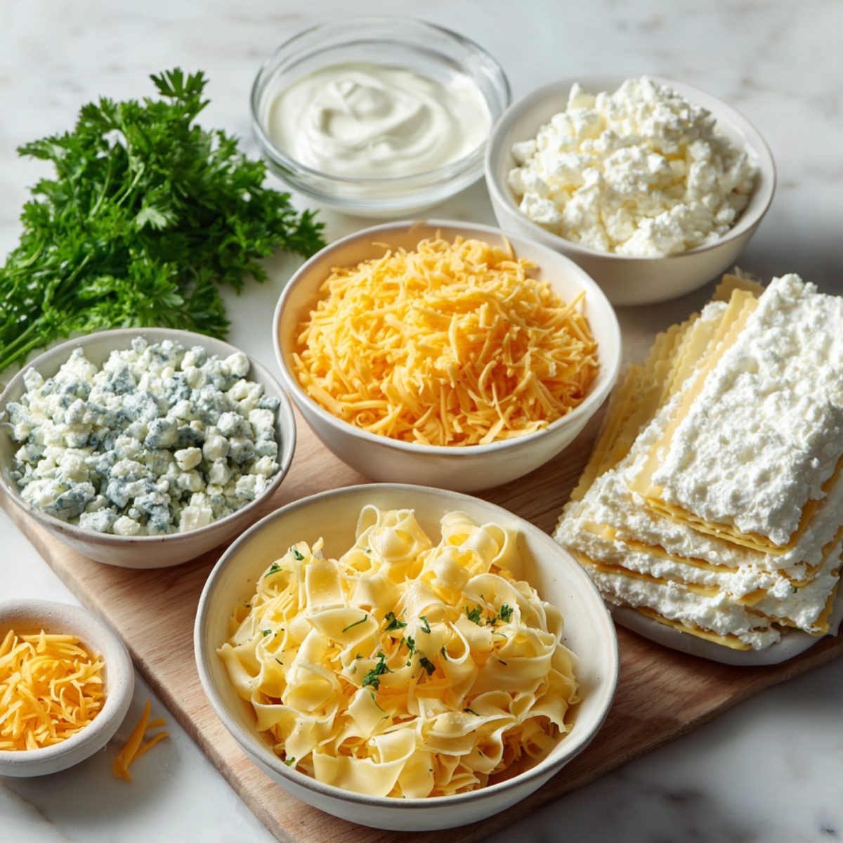 A variety of lasagna ingredients arranged on a board: shredded cheddar, blue cheese crumbles, ricotta, sour cream, fresh parsley, and lasagna noodles.
