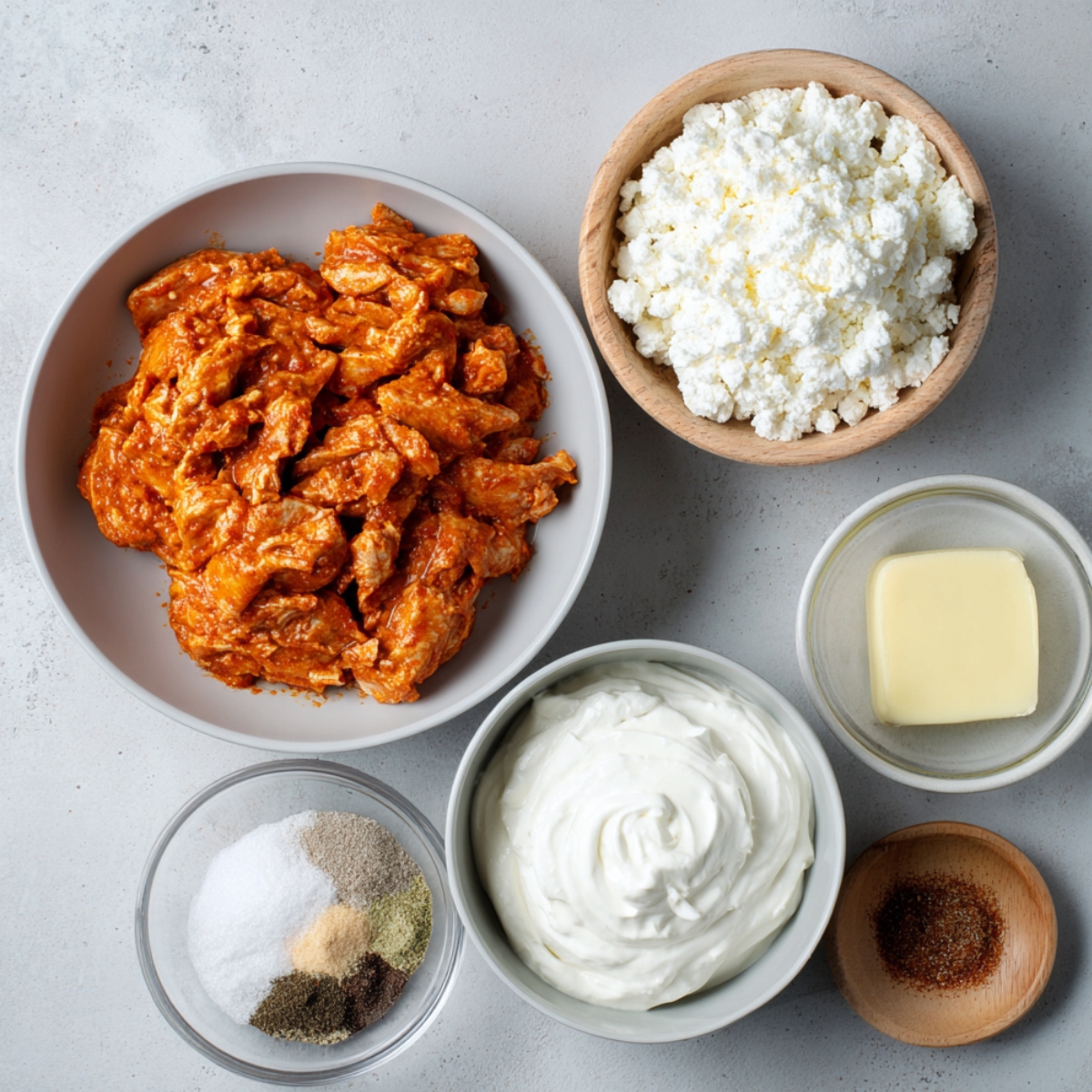 Ingredients for buffalo chicken lasagna displayed in bowls: cooked buffalo chicken, ricotta cheese, butter, sour cream, and seasonings.