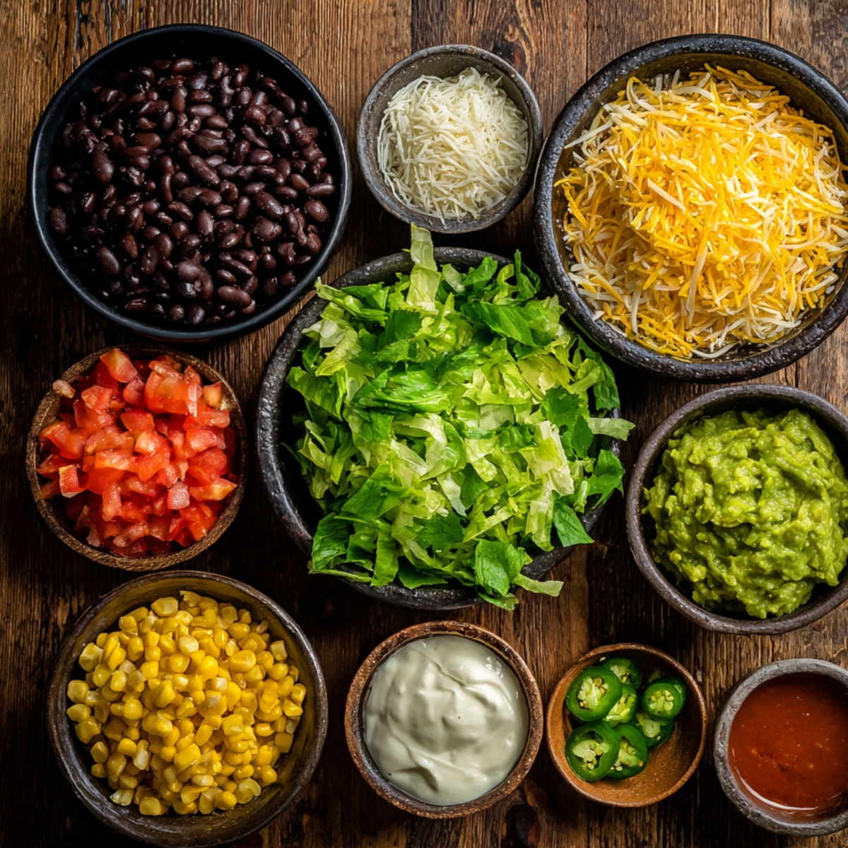 A rustic wooden table displaying small bowls of burrito bowl ingredients: lettuce, diced tomatoes, corn, black beans, shredded cheese, guacamole, sliced jalapeños, sour cream, and sauce.