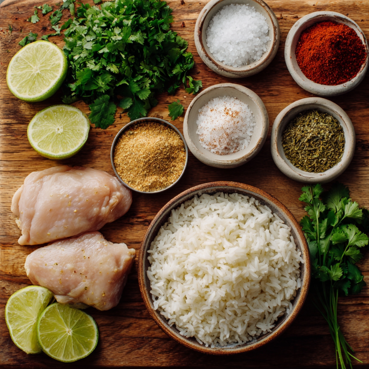 Raw ingredients for a burrito bowl on a wooden board, including raw chicken, rice, lime halves, cilantro, and small bowls of spices like chili powder, salt, and herbs.