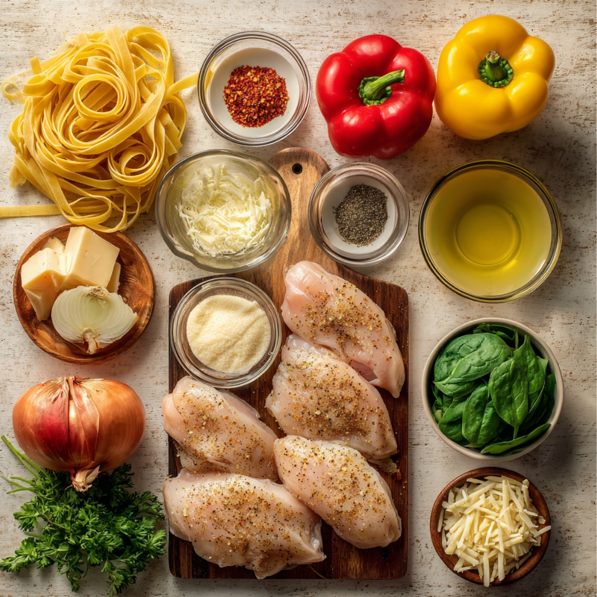 A top-down view of ingredients laid out for a Cajun chicken pasta recipe, including pasta, chicken breasts, peppers, and seasonings.