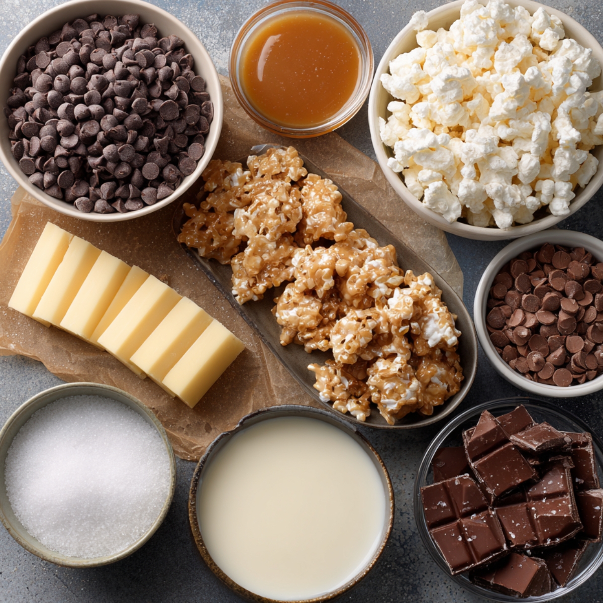 Ingredients for caramel crunch chocolate bars arranged neatly: chocolate chips, caramel sauce, popcorn, sugar, sweetened condensed milk, butter, and caramel-coated clusters.