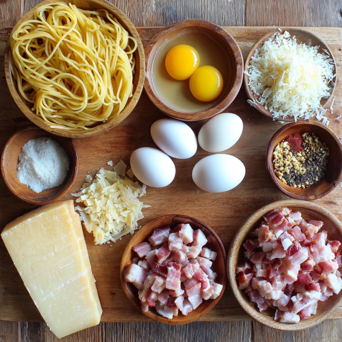 Ingredients laid out for carbonara: spaghetti, eggs, grated Parmesan cheese, diced pancetta, salt, pepper, and other seasonings.