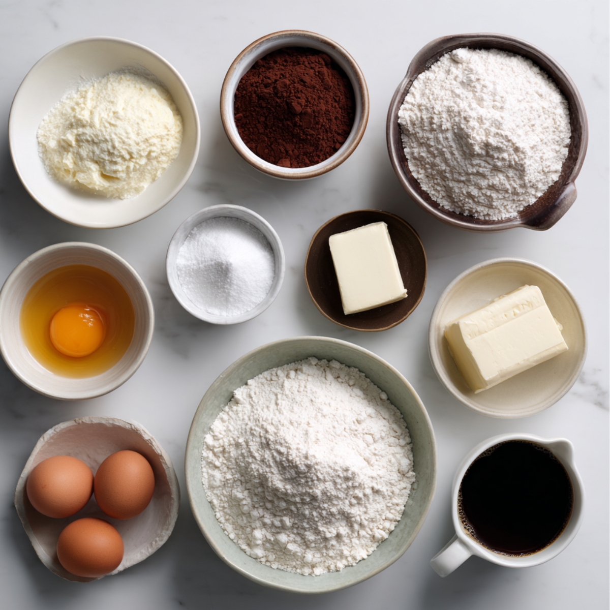 An assortment of baking ingredients in small bowls on a countertop, including flour, cocoa powder, butter, sugar, eggs, and a cup of brewed coffee.