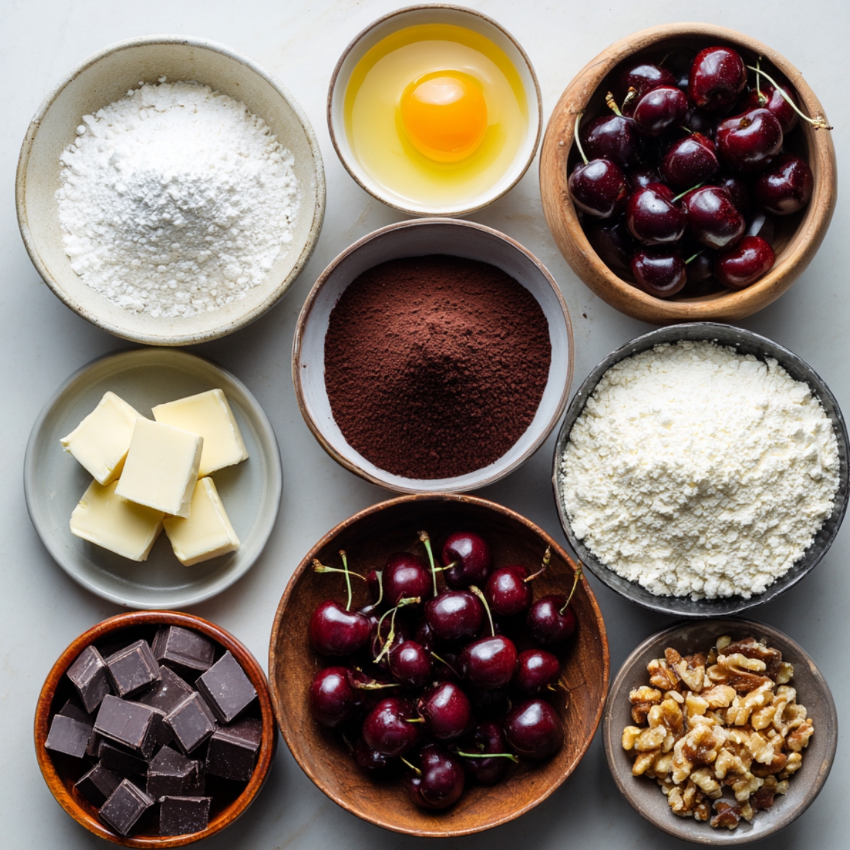 An assortment of ingredients for chocolate cherry brownies—cherries, butter, eggs, cocoa powder, chocolate, flour, sugar, and nuts arranged in small bowls.
