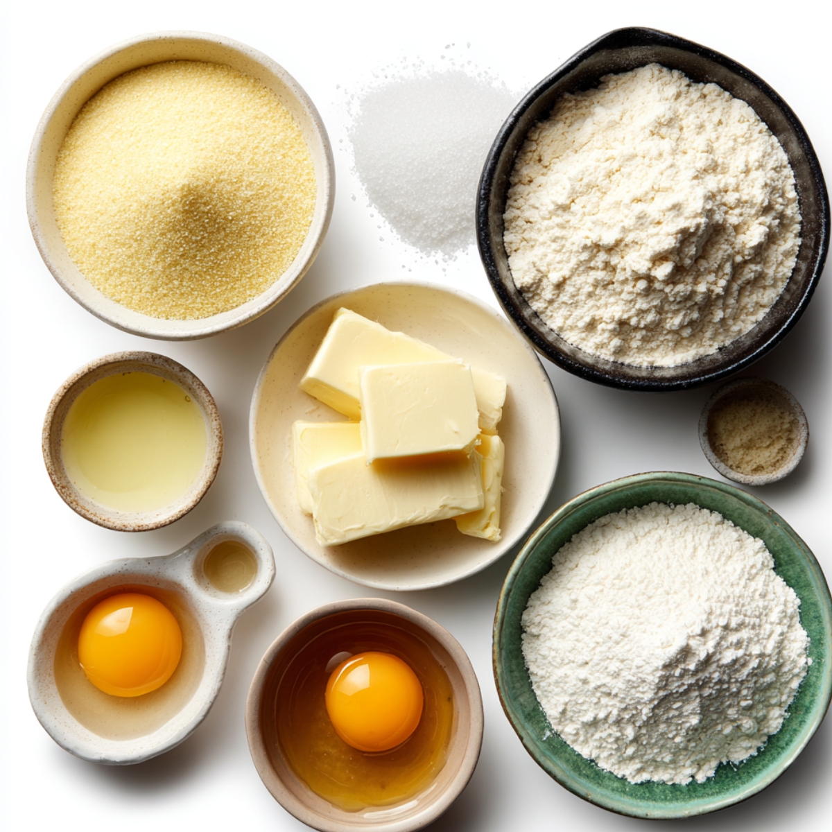 An overhead view of cornbread ingredients — cornmeal, flour, butter, eggs, oil, sugar, and baking powder — arranged neatly in small bowls.