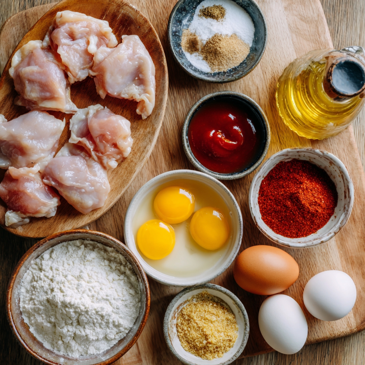 Ingredients for Crispy Bang Bang Chicken laid out: raw chicken, eggs, flour, and various seasonings.
