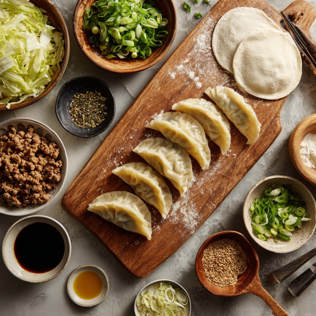 “Dumpling-making setup with wrappers, filling, minced meat, cabbage, scallions, soy sauce, and seasonings arranged around a wooden board.”