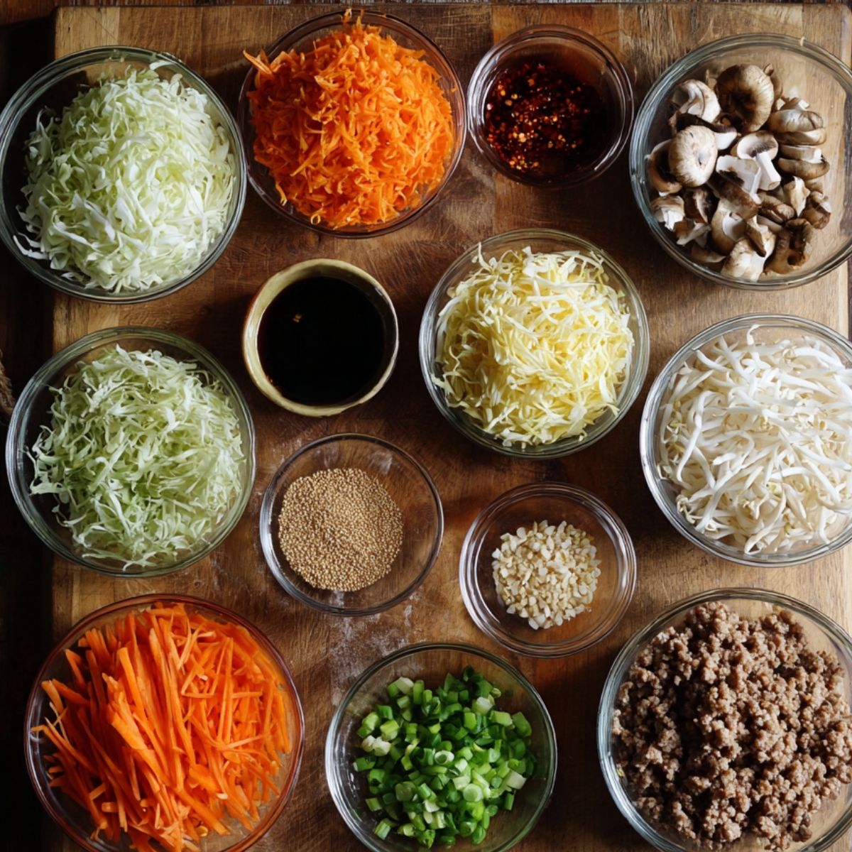 Various ingredients like shredded cabbage, carrots, mushrooms, and seasonings laid out in separate bowls for preparation.
