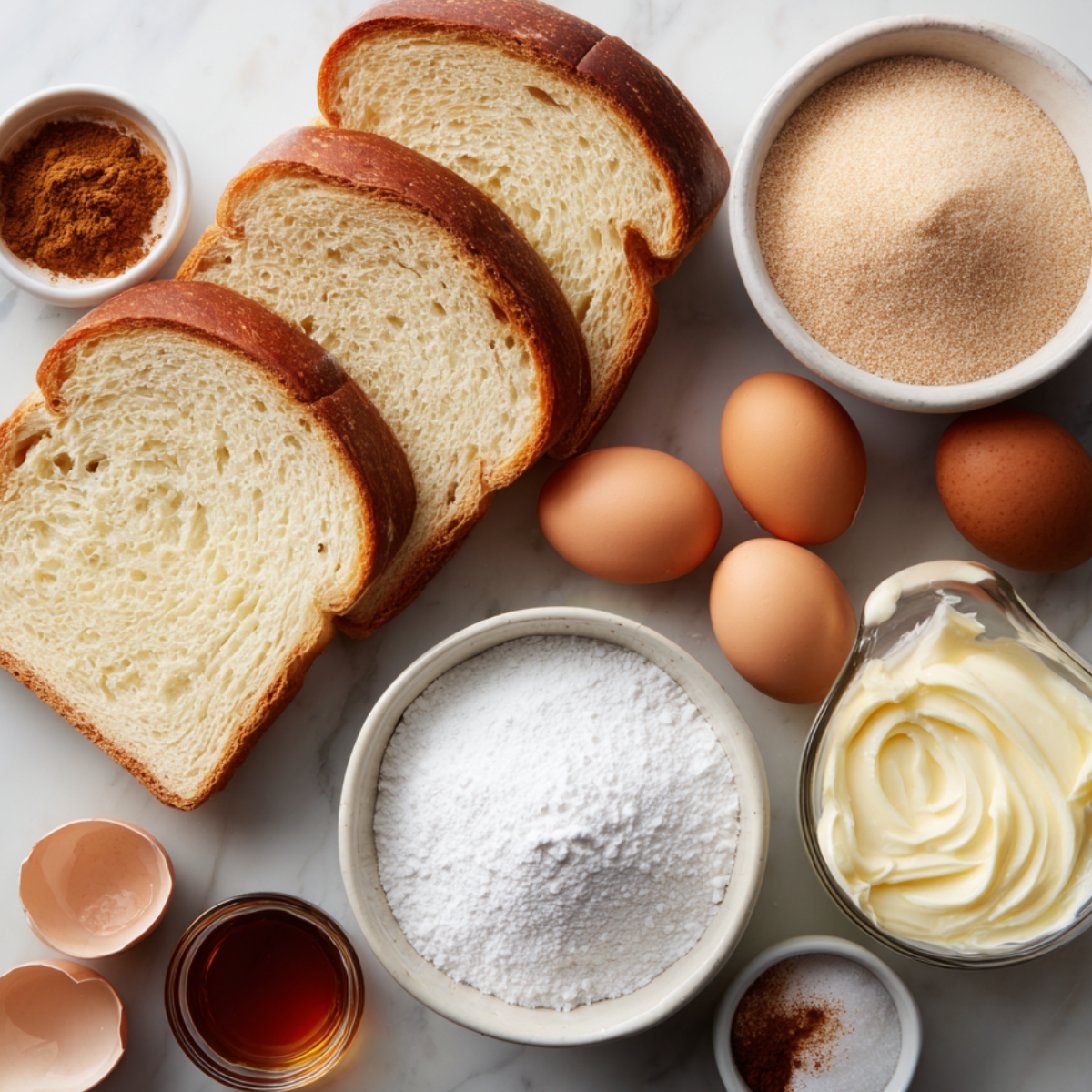 "French toast ingredients including bread, eggs, sugar, vanilla, cinnamon, and butter on a kitchen counter."